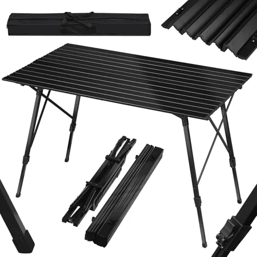 WOLTU Mesa de Camping Plegable Mesa de Aluminio de Jardín, de Trabajo, de Balcón, con Bolsa, Altura Ajustable, 120 x 68,5 cm CPT8132sz, Negro