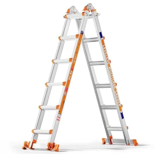 Escalera de 6 peldaños, una Escalera Deslizante de 6.1 m de Largo con estabilizador y Ruedas, 150 kg de Carga de Seguridad, Escalera multiposición para escaleras, hogar, Interior, Exterior