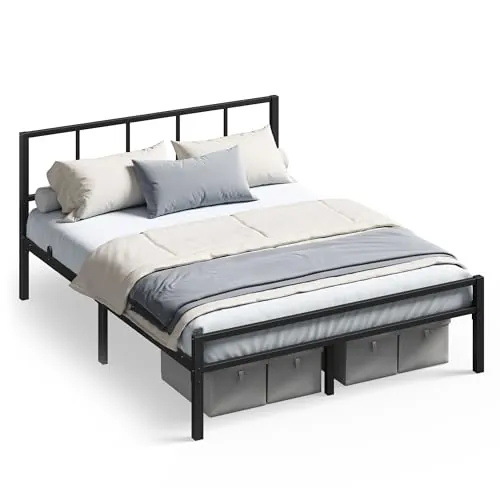 VASAGLE Cama de Matrimonio, 135 x 190 cm, Cabecero, Marco de Metal, Carga de 500 kg, Montaje Fácil, para Dormitorio, Negro Tinta RMB296B101