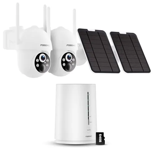 FOSSENXE 2K Camara Vigilancia WiFi Exterior Solar, Kit de 2 con Base, Sin Costo Mensual, 360°, 64 GB de Almacenamiento Local, 4MP Cámara Solar Exterior Sin Cable con PIR Detección, Visión Nocturna