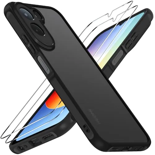 ivoler Funda Mate Negro para Xiaomi Redmi A7 Pro/Poco C81 / C81 Pro con 2 Piezas Cristal Templado, Protección Militar Carcasa Protectora Antigolpes Antiarañazos Trasera Translúcida Antihuellas Case