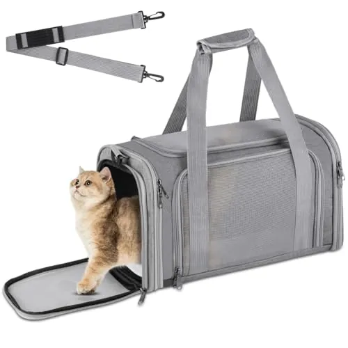vsshe Transportín Perro Gato, Bolsa de Transporte Transpirable Gato Plegable, Aprobado por Aerolíneas, para Pequeños Medianos Gatos Cachorros Gatitos, para en Tren, Coche y Avión, Gris（40x25cm）