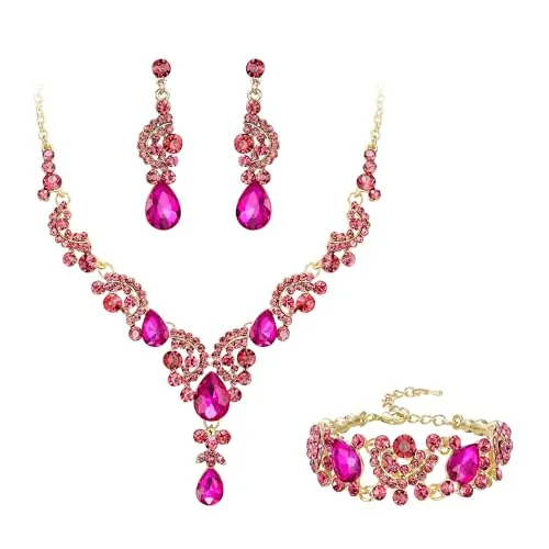 EVER FAITH Conjunto de Joyas de Cristal Nupcial Art Deco Floral Collar de lágrima de Pendientes y Pulsera Tono Dorado Fucsia