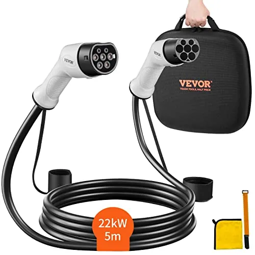 VEVOR Cable de Vehículo Eléctrico Tipo 2 a Tipo 2 Cable de Carga EV 32A 22kW Cable de 5,5 m IP66 Impermeable con Bolsa de Transporte para IEC62196 Híbrido de Carga de Coches Eléctricos Tres Fases