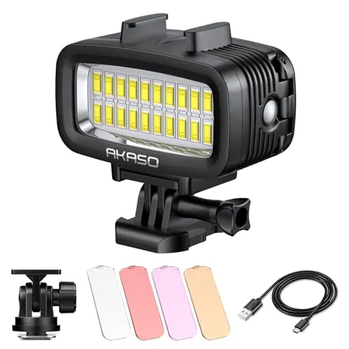 AKASO Luz subacuática de 131 pies (40 m) Luz de buceo impermeable de alta potencia regulable LED luz de video con soporte de zapata fría y 4 filtros de color para cámaras de acción Gopro/AKASO y