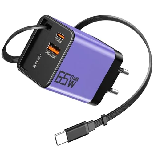 Cargador USB C 65W GAN con Cable Retráctil 0,7m, 3 Puertos (2 USB-C + 1 USB-A), Cargador Rápido Portátil Compatible con iPhone 17 Pro MAX 16 15 14, Galaxy S26 S25 Ultra, Mac Book Pro/Air, iPad, Switch