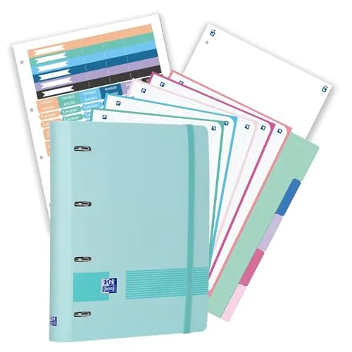 Oxford, Pack Archivador Live & Go A4+ 4 Anillas, Plástico Polyfoam, Incluye 2 Recambios con 5 Bandas Color Cuadrícula 5x5 y Separadores de Plástico, Color Azul Pastel