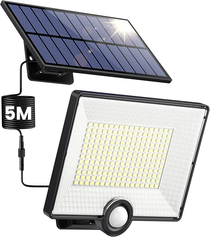 Luz Solar Exterior 204LED/2000LM/3 Modes Focos LED Exterior Solares con Sensor de Movimiento, IP65 Impermeable Split Lampara Solar Exterior con Cable de 5M para Jardin Garaje Camino [1 Paquete]