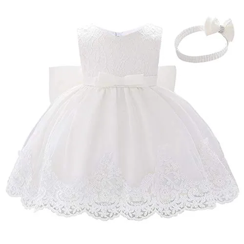 Lito Angels Vestidos Elegante Bebe Niña en Flor de Encaje Bordado y Tul Blanco, con Diadema de Lazo, para Boda Fiesta Ceremonia, Talla 3-6 Meses 426