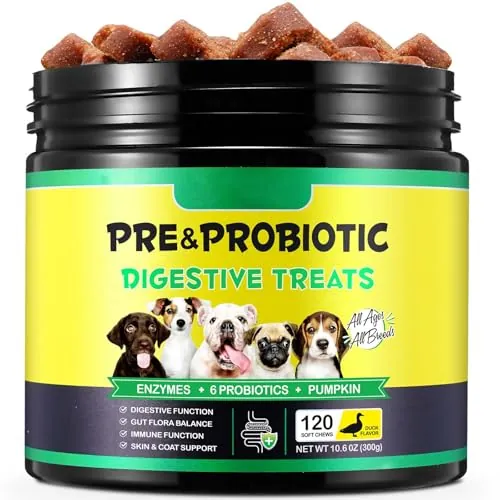Bieyoc Probióticos Para Perros, Enzimas Digestivas, Salud Intestinal, Picazón En La Piel, Alergias, Sistema Inmunológico Y Apoyo Para La Salud En General, Sabor De Pato, 120 Masticables