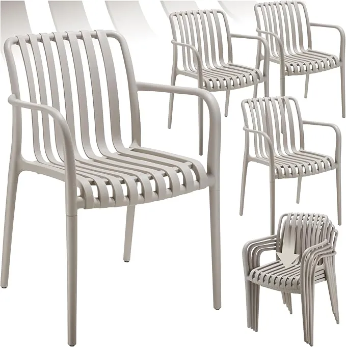 tectake® Sillas Terraza Exterior Apilables, Plástico Resistente, Antideslizante, Fácil de Montar, Muebles Resistentes, Sillas Jardin Exterior - Set de 4 con Reposabrazos Gris Topo