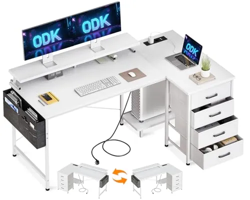 ODK Escritorio Esquinero con 4 Cajones de Tela, 140x45cm, Blanco | Escritorio en L Reversible con Toma de Corriente y USB, Bolsa de Almacenamiento y Soporte para Monitor para Oficina en Casa