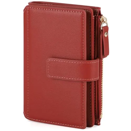 RRANCharltu Carteras de Mujer Monedero Mujer Triple Plegado Multifuncional con Cremallera Billetera con Protección RFID de Portamonedas Integrado 16 Tarjeteros y 2 ID Ranuras,Broches Ajustables,Rojo