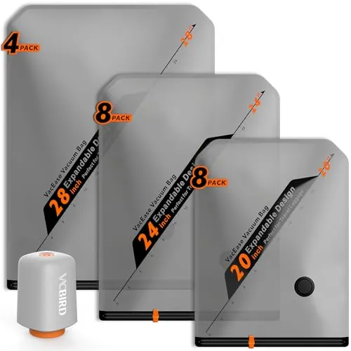 Vacbird Bolsas Vacio Ropa con Bomba de Vacío Eléctrica Inalámbrica, 25 Piezas (10 x 40x54cm, 10 x 47x64cm, 5 x 54x74cm), Especialmente Diseñadas para Viajes y Organización de Maletas