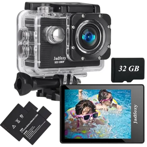 Jadfezy Cámara Deportiva HD 1080P, Cámara Subacuática 30M con 140 Grados Gran Angular, Cámara de Acción 2 Baterías Recargables de 900mAh y Kit de Accesorios