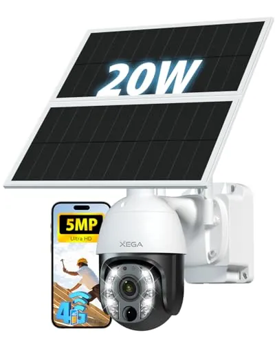 Xega 5MP【10X Óptico Zoom】4G LTE Cámara Vigilancia con Tarjeta SIM 20W Panel Solar 30,000 mAh Batería Grabación 24/7 Camara sin Wifi Exterior Detección Humana Visión Nocturna 100ft Audio Bidireccional