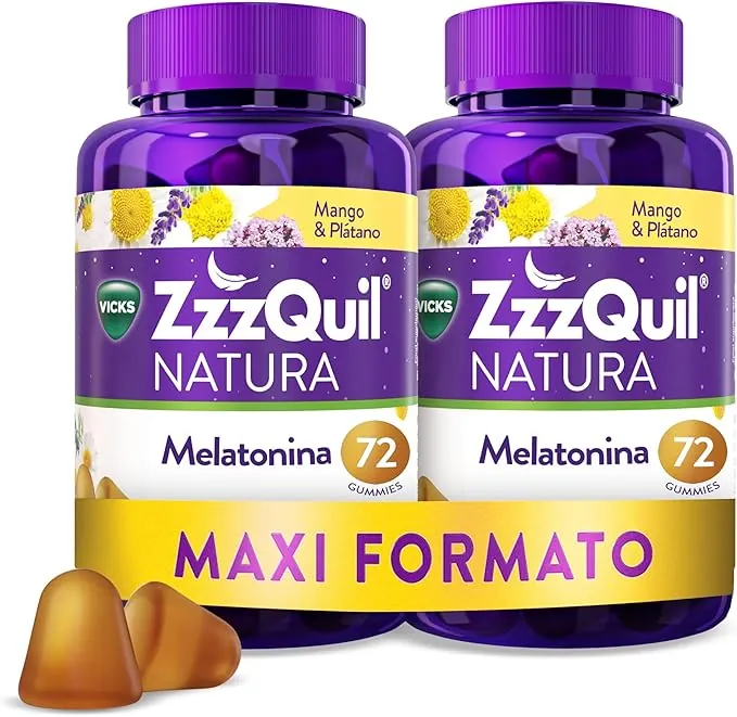 ZzzQuil Natura Gummies de Melatonina 1mg con Valeriana, Complemento Alimenticio para dormir sabor Mango y Plátano, 2x72 Gummies