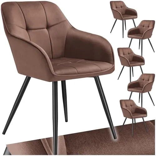 tectake® Silla de Comedor con Tapizado Aterciopelado Acolchado, Silla de Cocina Elegante y Moderna, Patas de Acero, Fácil Limpieza, Ideal Silla Salón, Tocador, Dormitorio - 6 sillas marrón/Negro