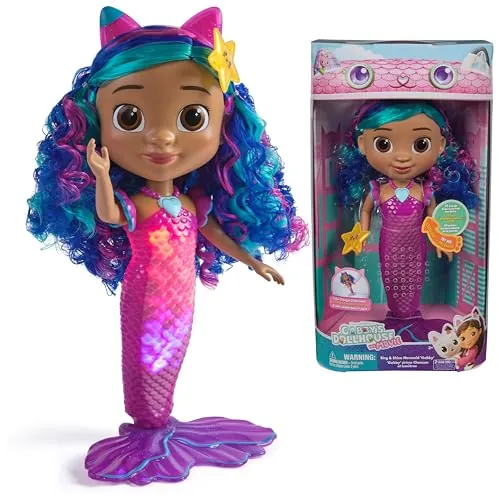 La Casa de Muñecas de Gabby - Muñeca Interactiva Gabby Sirena Canta y Brilla de la Película, con Luces y 14 Sonidos, Resistente al Agua y con Cola Que Cambia de Color - Regalo Niña 3 años +