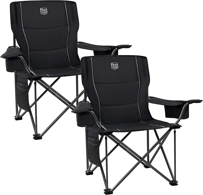 TIMBER RIDGE 2Pcs Silla Camping Plegable 200kg Acolchada Ancho Asiento 63cm con Portavasos Bolsa Térmica para Playa Jardín Pesca Balcón Acampar