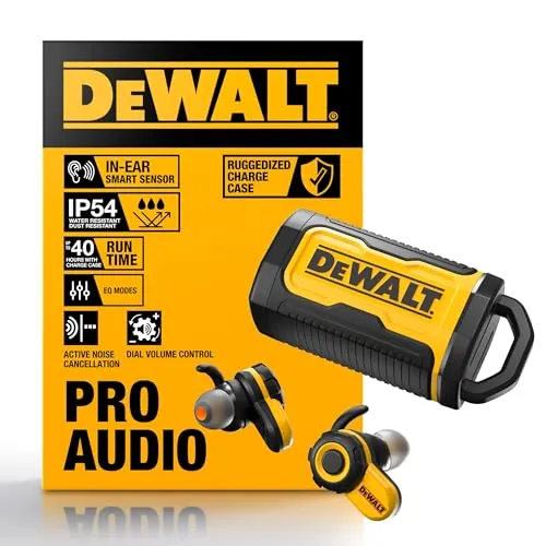 DEWALT Audífonos inalámbricos Jobsite Pro X2 ANC con Bluetooth para Trabajo Pesado, con cancelación Activa de Ruido, 10 h de autonomía (más de 40 h con Estuche), 4 Modos de ecualización, IP54