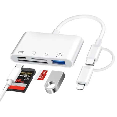 Clomnpe Lector Tarjetas SD iPhone USB C, 4 en 2 Lector de Tarjetas SD para iPhone iPad con SD, Micro SD, USB3.0, USB C puerto, Carga simultánea, Plug and Play, Cable para Pasar Fotos De Cámara a Movil