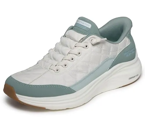 Skechers Mujer Contour Foam In Motion Slip-In ENTRENADOR, Off White Mesh/Sage Duraleather/Leather/Trim, 39 EU
