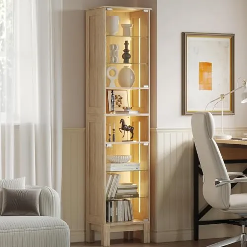 ZKIODV 180cm Vitrina de Cristal LED, Estrecha Armario Vitrina con 8 Estantes, Puerta de Vidrio Templado, Balda Ajustable y Desmontable, Moderna Vitrina para Salón Baño (Roble)