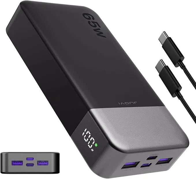 JUOVI Batería Externa Carga Rápida 65W Power Bank 20000mAh Compacto USB-C, Batería Externa Portátil Cargador Portátil para Laptop, MacBook, DELL, iPad, iPhone, Samsung y Más (Negro)