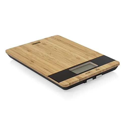 Princess 492944 Báscula de Cocina Pure, Capacidad máxima de 5 kg de peso, Pantalla LCD, Carcasa de Bambú, también apta para pesar cartas, función tara