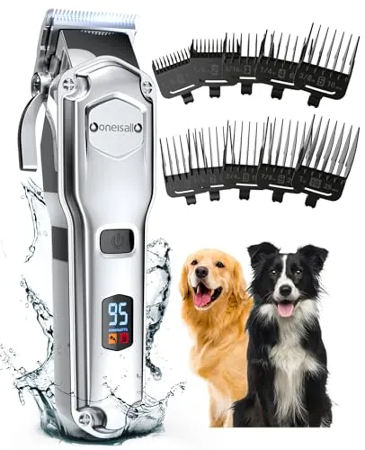 oneisall Premium Maquina Cortar Pelo Perros, IPX7 Todo el Cuerpo Lavable Maquinilla Inalámbrico Cortapelos Apta para largo y pelo grueso (plateado)