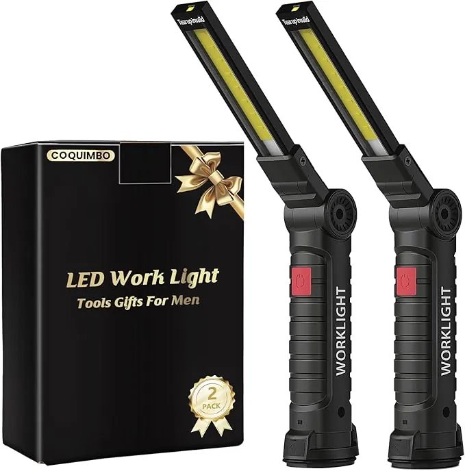 Coquimbo Regalo Hombre Linterna Taller LED Recargable, Linterna Portátil de Trabajo Lámpara de Inspección con Magnética Base y Gancho para Taller Cámping Emergencia(2 Piezas, Negro)