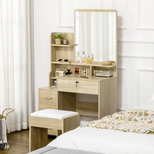 HOMCOM Tocador de Maquillaje con Taburete con Espejo 80x38x143 cm Natural | Tocador, 4 Cajones, Estantes, Compartimentos Abiertos, Estilo Moderno, Dormitorio, Vestidor
