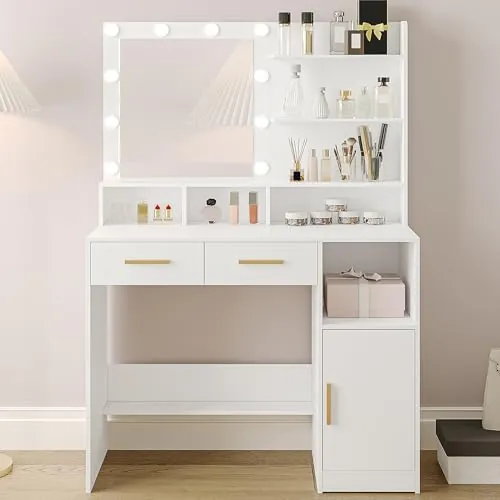Hzuaneri Tocador, con Espejo y 10 LED Luz Regulable, Mesa de Maquillaje con 2 Cajón y 1 Armario, 3 Estantes y 4 Compartimentos Abiertos, Blanco DT32503X