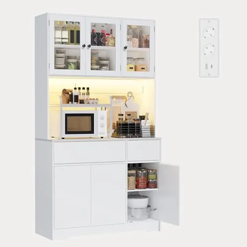Xbro Armario Cocina Alto con LED y Enchufe, Mueble Auxiliar Cocina con Vitrina 6 Puertas 2 Cajones, Ideal para la Cocina, el Comedor y el salón, 100x38,5x180 cm