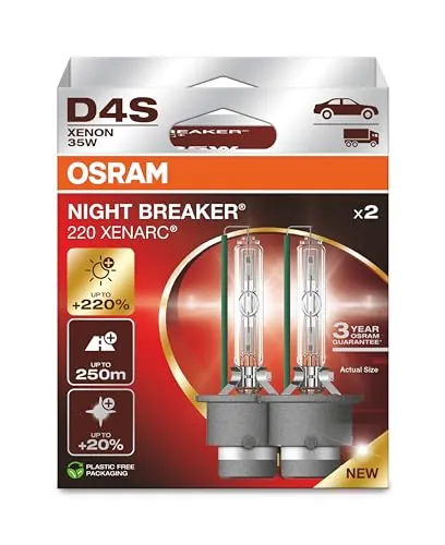 OSRAM XENARC NIGHT BREAKER 220, D4S, +220% más brillo, lámpara de faro de xenón, 66440XN2-2HB, Caja plegable (2 lámparas)