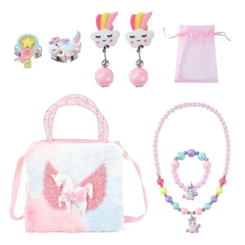 GTYHH 1 Bolso De Hombro Pequeño De Dibujos Animados De Felpa, 6 Joyas Para Niños Y 1 Bolso De Malla, Bolso De Hombro Para Niñas, Bolso De Hombro Lindo, Bolso De Felpa