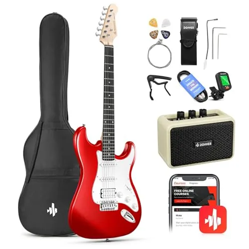 Donner Guitarra Eléctrica Tamaño Completo 39 Pulgadas con Amplificador, Bolsa, Capo, Correa, Cuerda, Sintonizador, Cable y Púas (Rojo, DST-100R)