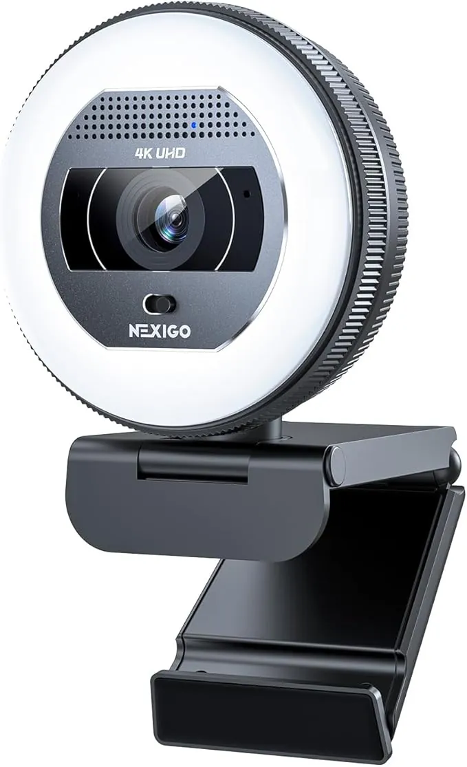 NexiGo N930E Pro, Webcam 4K con luz de Anillo, Enfoque automático PDAF, 1080P@60FPS, micrófonos duales con cancelación de Ruido, Obturador de privacidad Integrado