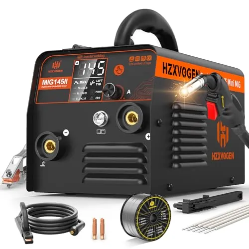 H HZXVOGEN MIG145II 145A Soldador de Hilo sin Gas, 3 en 1 MIG/ARC/Lift TIG, Avance Sincronizado, IGBT Inversor, Pantalla LED, Compacto para Principiantes y Aficionados