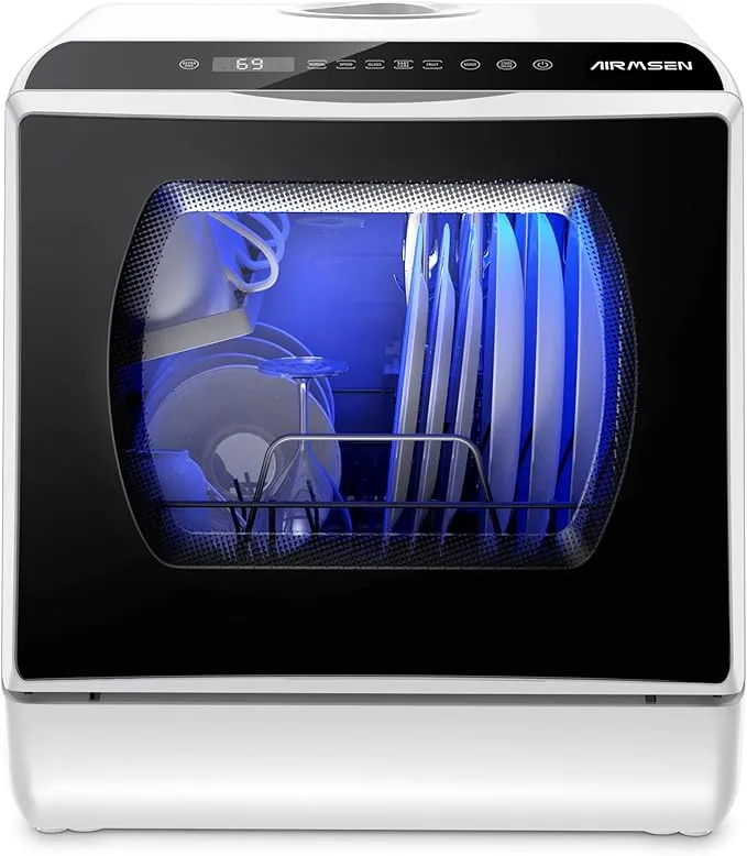 AIRMSEN Mini Lavavajillas de Sobremesa con 5+1 Programas, Depósito de 5 Litros, 2 Formas de Suministro de Agua, Control Táctil y Pantalla LED, Ideal para Cocinas Familiares, Apartamentos y Dormitorios