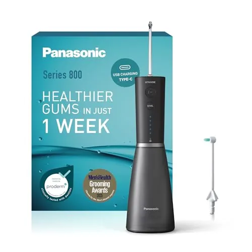 Panasonic Series 800 Irrigador Bucal Ultrasónico EW-DJ86-K503, Irrigador Dental, 200 ml, 1 Boquilla Ultrasónica y 1 Boquilla de Ortodoncia, 5 Ajustes de Presión, Accesorio De Viaje, USB-C, Negro
