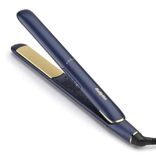 BaByliss Plancha de Pelo Midnight Luxe - Placas flotantes de cerámica con titanio, Deslizamiento suave, Calentamiento rápido en 30 s, 3 ajustes de calor hasta 235°C, Multivoltaje, Azul, 2516PE