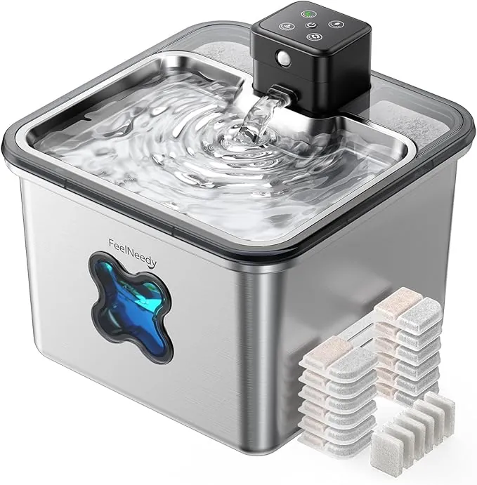 FEELNEEDY Fuente para Gatos sin Cable con 6 Filtros, 3.2L Bebedero Gatos en Acero Inoxidable con Sensor de Movimiento, Visualización del Filtro, Apta para Lavavajillas, 4000mAh Batería Recargable