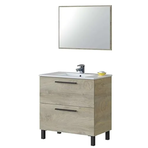 Habitdesign Mueble de Baño con 2 Cajones y Espejo, Modulo Lavabo, Modelo Athena, Acabado en Roble Alaska, Medidas 80 cm (Ancho) x 80 cm (Alto) x 45 cm (Fondo). (Lavabo no Incluido).