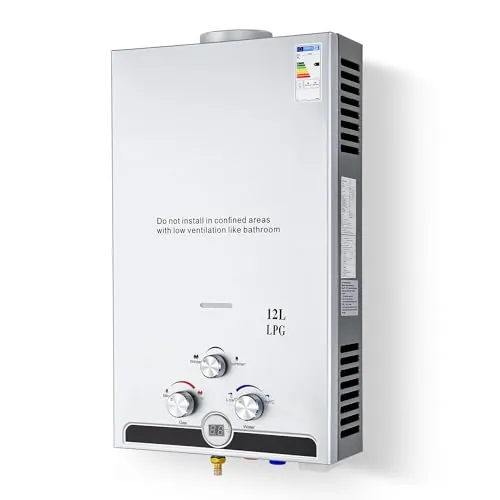 CO-Z 12 L Calentador de Agua Butano Calentador de Agua LPG Instantáneo, Certificado CE, Calentador de Agua de Gas Licuado de Petróleo sin Tanque (12 L)