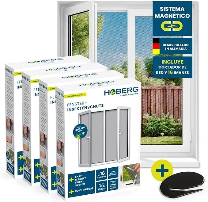 HOBERG mosquitera con fijación magnética | mosquitera Ventana | mosquitera Cortada a Medida hasta 150 x 130 cm | 16 imanes | mosquitera Ventana sin taladrar | Juego de 4