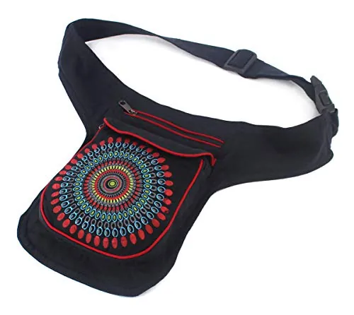 Riñonera de Tela Casual Diseños Étnicos 3 Bolsos con Cierre de Cremallera Talla única Correa Ajustable (18x16x3cm) (MB-1 Negro)