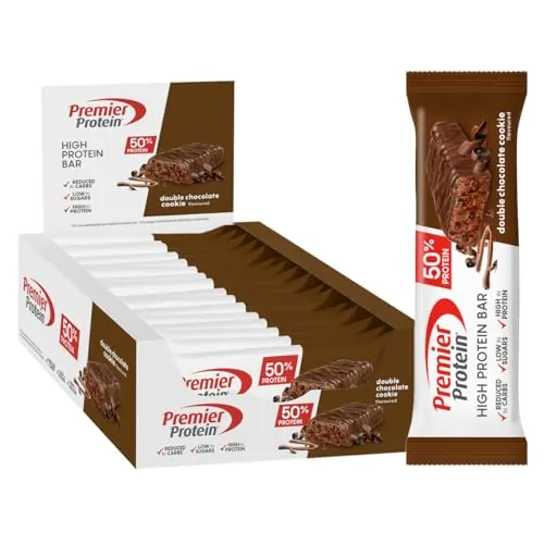 Premier Protein High Protein Bar Double Chocolate Cookie 16x40g - High Protein Low Sugar Riegel + Palmölfrei