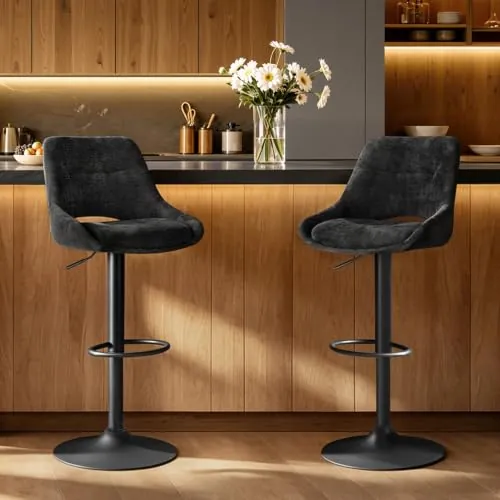 WOLTU Taburetes Altos de Cocina Juego de 2, Sillas de Bar Regulables, Negro | Ajustable en Altura, Giratorios 360°, Respaldo Ahuecado y Reposapiés, para Bares, Cocinas y Restaurantes, Chenilla